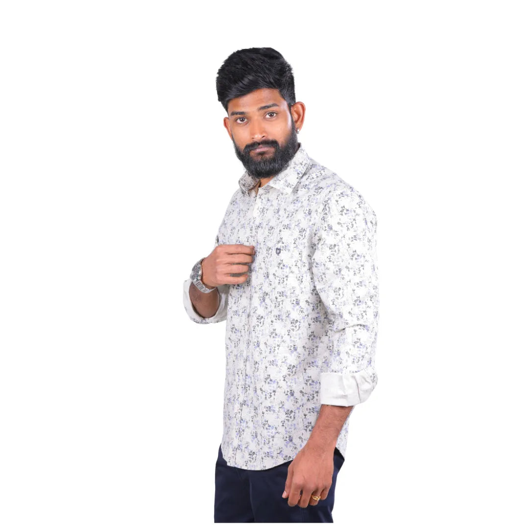 Men Grey Lino Cotton Printed Shirt  - 6991