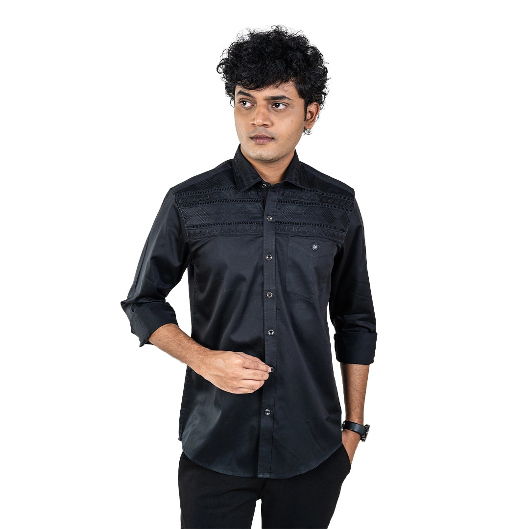 Men Black Chest & Collar Embroidery Shirt- 5242