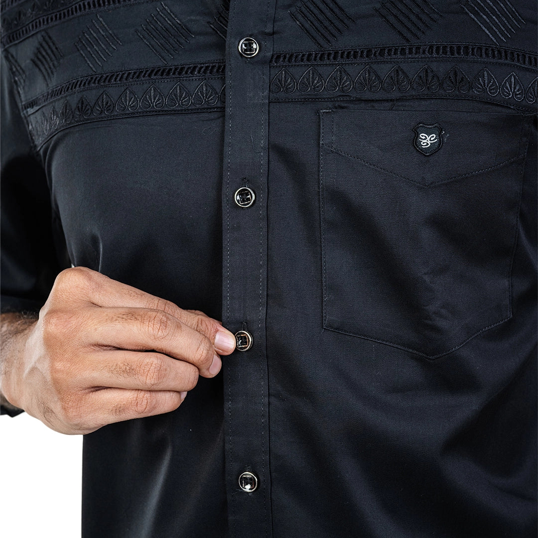 Men Black Chest & Collar Embroidery Shirt- 5242