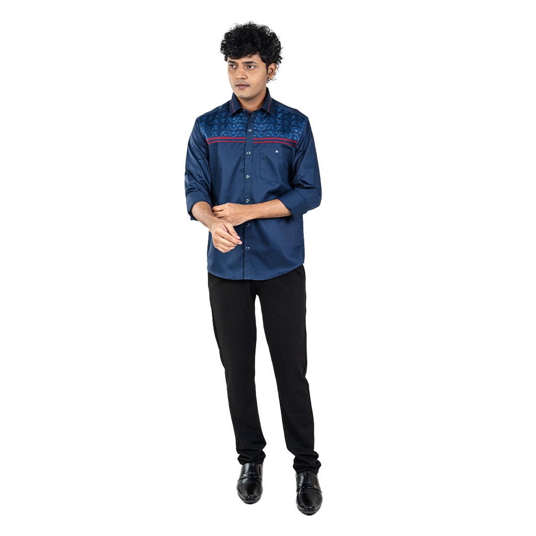 Men Navy Pattern Chest Embroidery Shirt- 5258