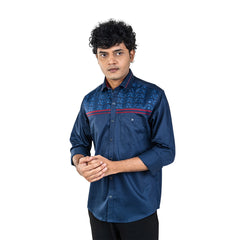 Men Navy Pattern Chest Embroidery Shirt- 5258