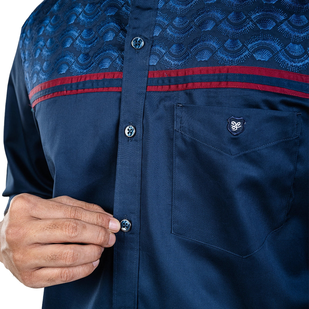 Men Navy Pattern Chest Embroidery Shirt- 5258